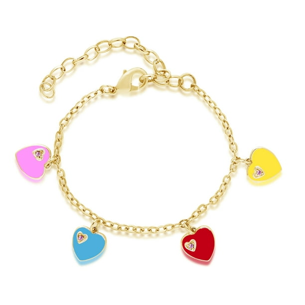 Gold Plated Pearls & Pink Enamel Hearts Baby Charm Bracelet 4" 1" Ext Chain 